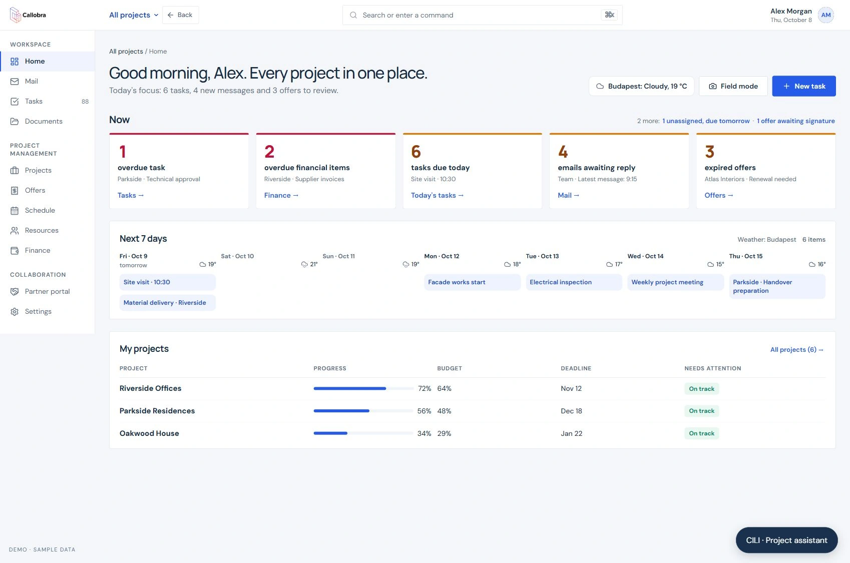 Callobra AI platform dashboard with illustrative sample projects and tasks