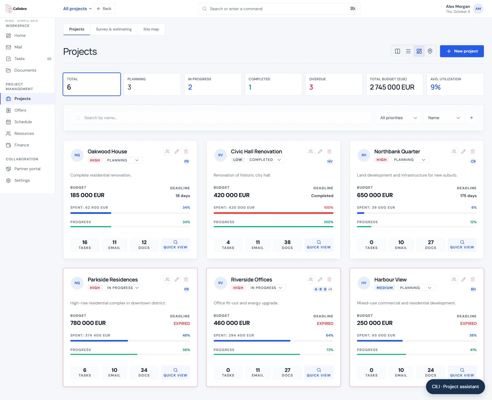 Callobra project portfolio: project portfolio at a glance, tasks, documents and conversations, shared visibility across the team