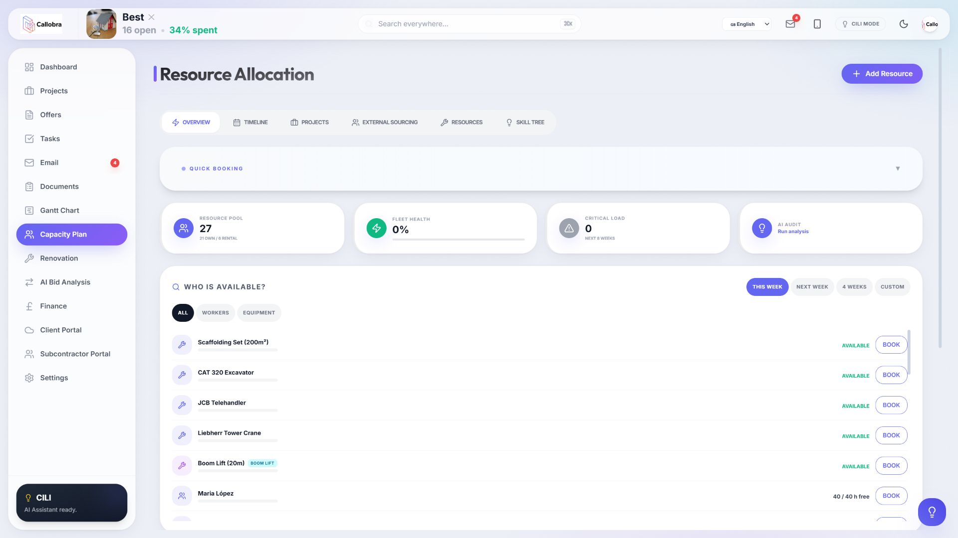 Asignación de recursos de Callobra: disponibilidad de trabajadores y equipos, planificación de capacidad y asignación, conflictos y visibilidad de adquisiciones